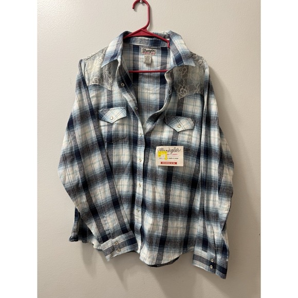 Wrangler Wrancher Womens Blue Plaid Pearl Snap Western Shirt Size XXL Lace Rodeo - Picture 1 of 12